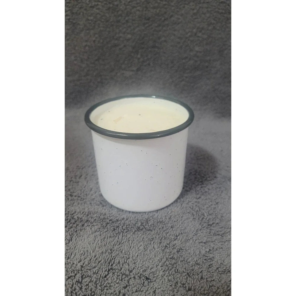 Paddywax Honey Roasted Chestnut Soy Candle Enamel Mug Wood Wick 9.5oz White